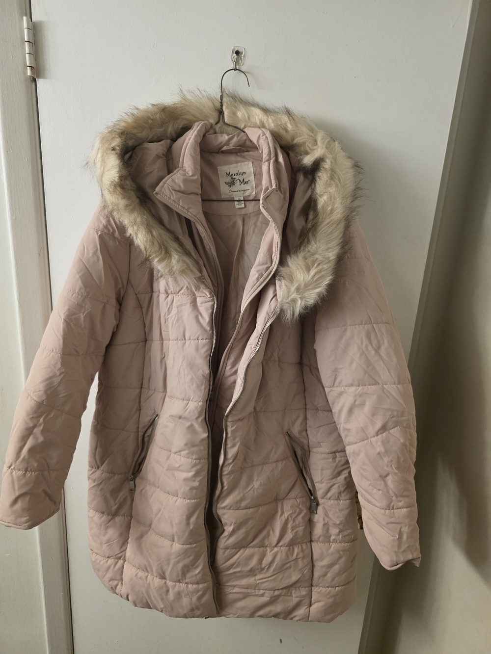 Maralyn & Me Blush Quilted Puffer Coat with Faux-Fur Hood Trim
